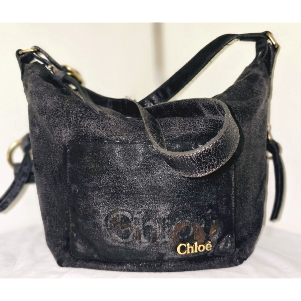 Chloe RARE Black Stone Washed Denim Signature Satchel Bag